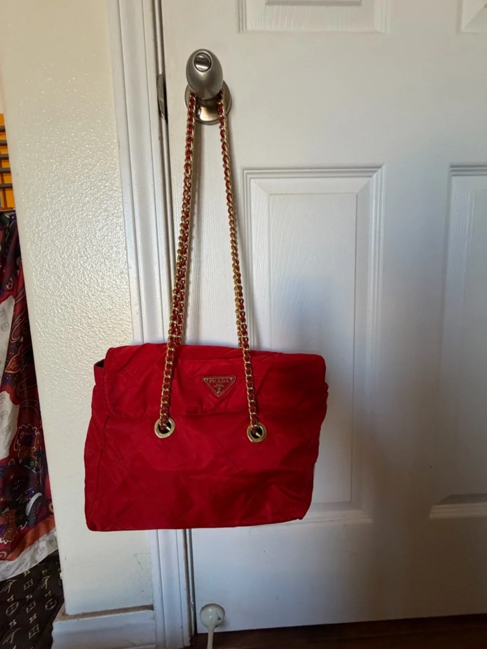 Prada Red Quilted Nylon Shoulder Bag with Gold Chain - Picture 2 of 13